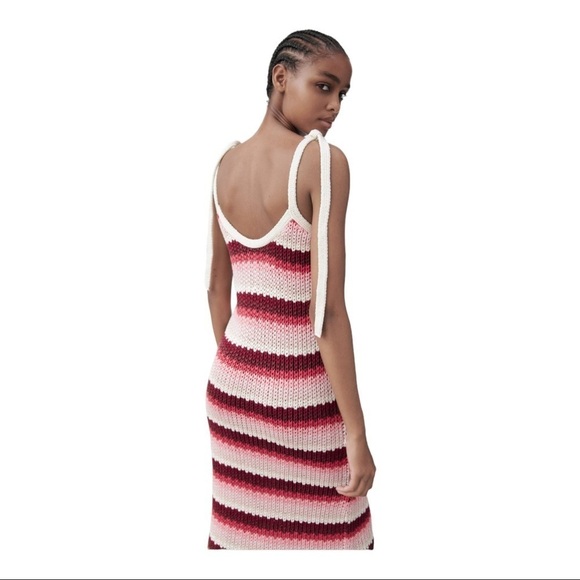 NWT ZARA Cream Pink Striped Crochet Bodycon Midi Dress Small Blogger Favorite - Picture 4 of 12